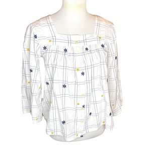 Madewell smocked cotton button front top with embroidered daisy flowers white XS